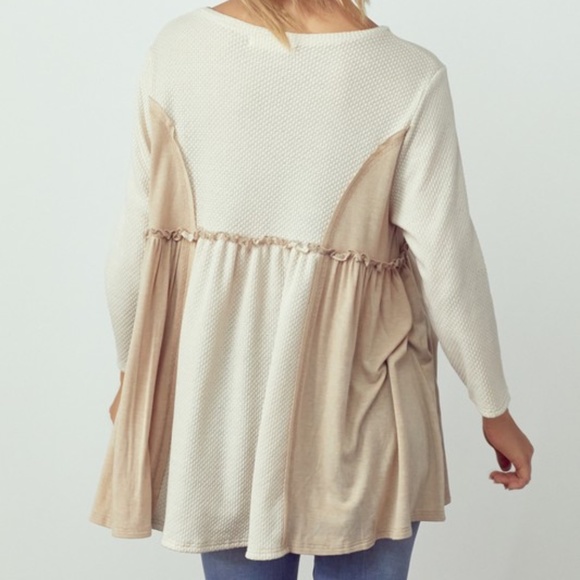 078 Boho Color Block 3/4 Sleeve babydoll Top - Picture 2 of 5